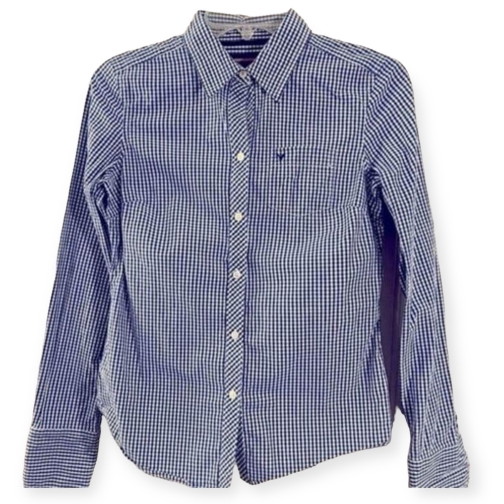 American Eagle Women’s Blue and White Checkered Shirt Size 4